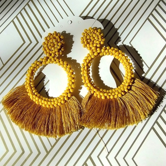 Yellow, Bead Seed, Beaded & Fringe, Circle, Hoop Earrings - Picture 4 of 9